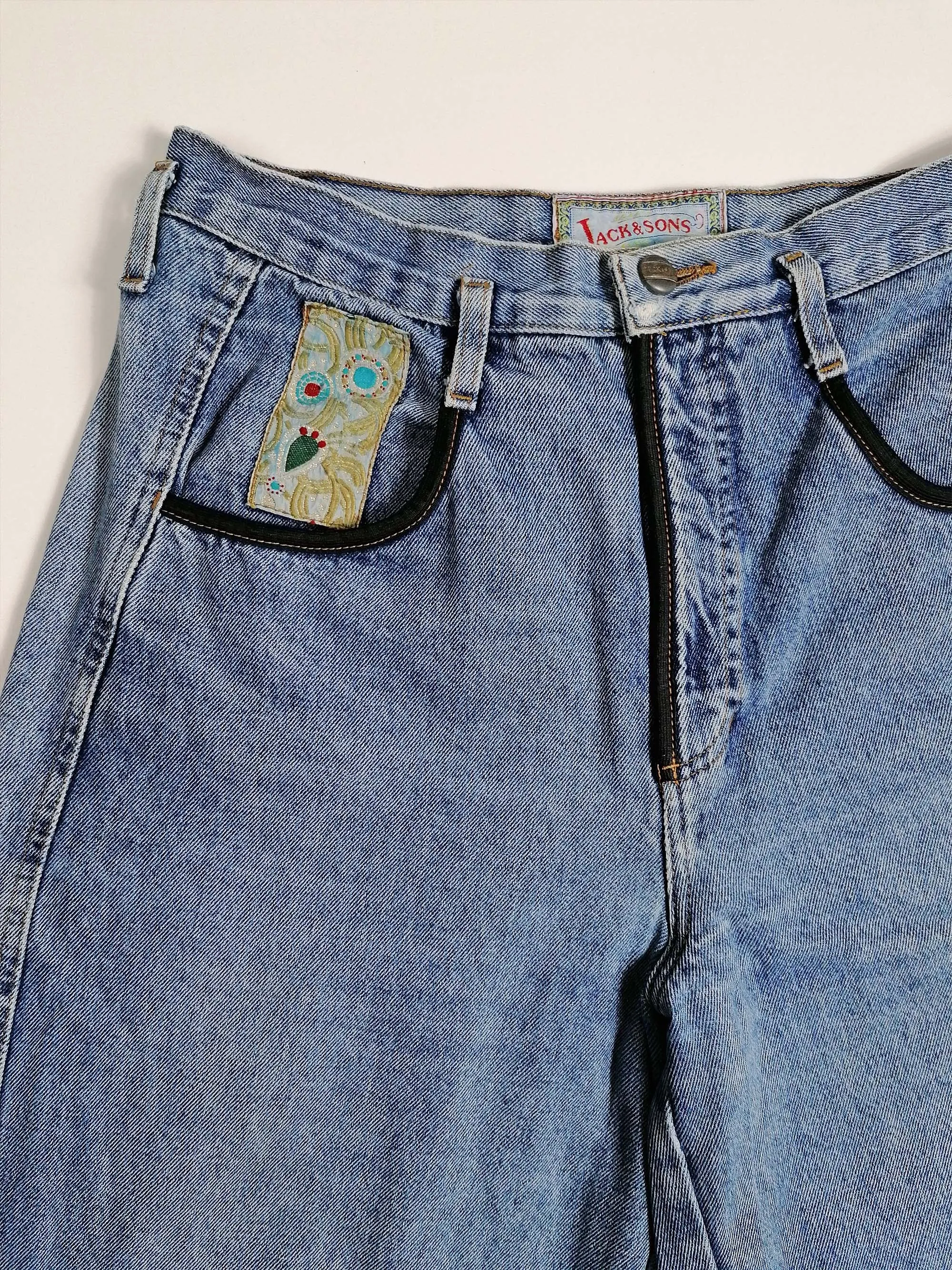 80's JACK & SONS High Waist Embroidery Patch Baggy Jeans - M-L (32")