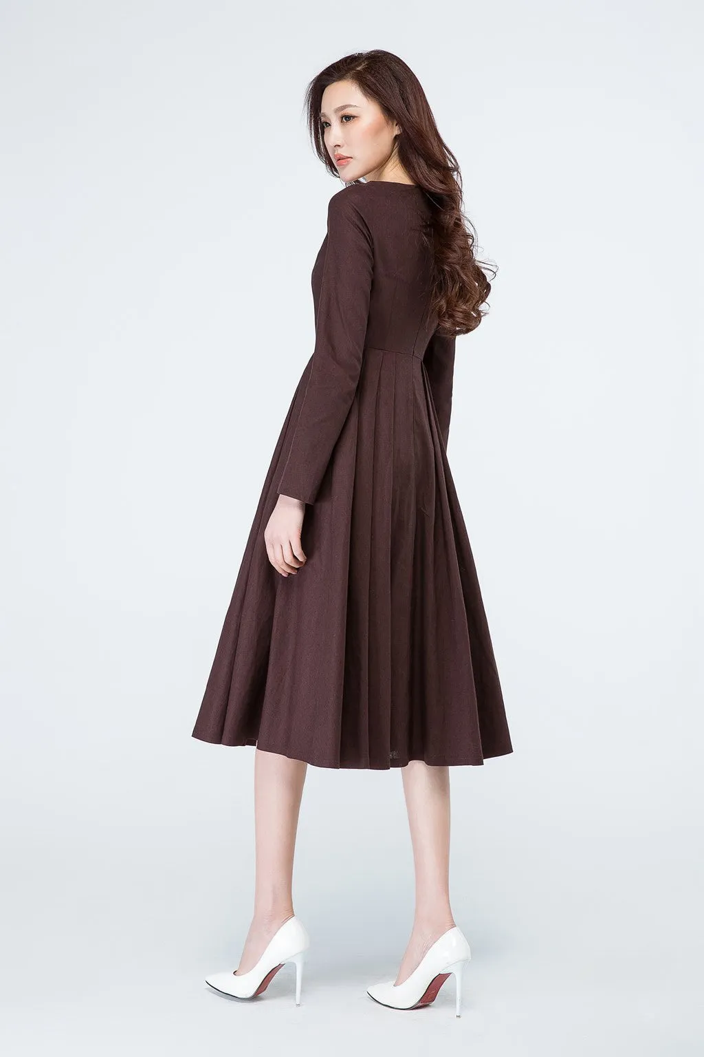 A line long sleeves brown linen dress for spring 1700#