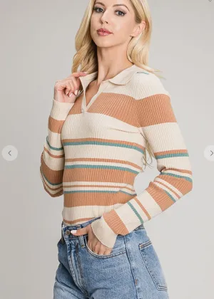 Acacia, Ribbed Knit, Collared Sweater, Camel Cream And Teal Stripes