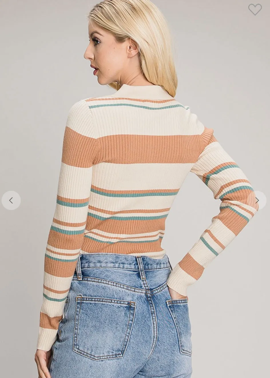 Acacia, Ribbed Knit, Collared Sweater, Camel Cream And Teal Stripes
