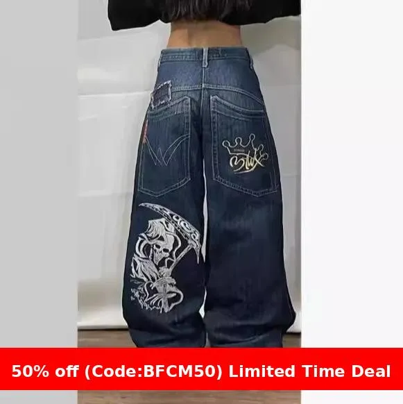 Amozae 1980s fashion trends E-Commerce Y2g Gothic Style Jeans Men's American High Street Personalized Pattern Loose Straight Wide Leg Jeans