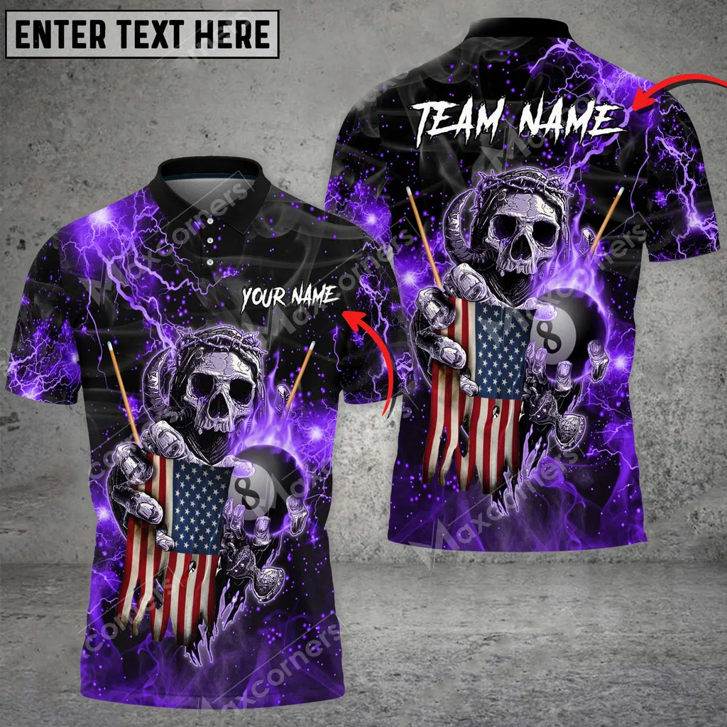 Billiards Fire Skull US Flag Personalized Name, Team Name 3D Polo Shirt, Flag Billiard Shirt