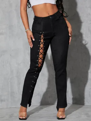 Black Grommet Eyelet Lace Up High Waist Jeans