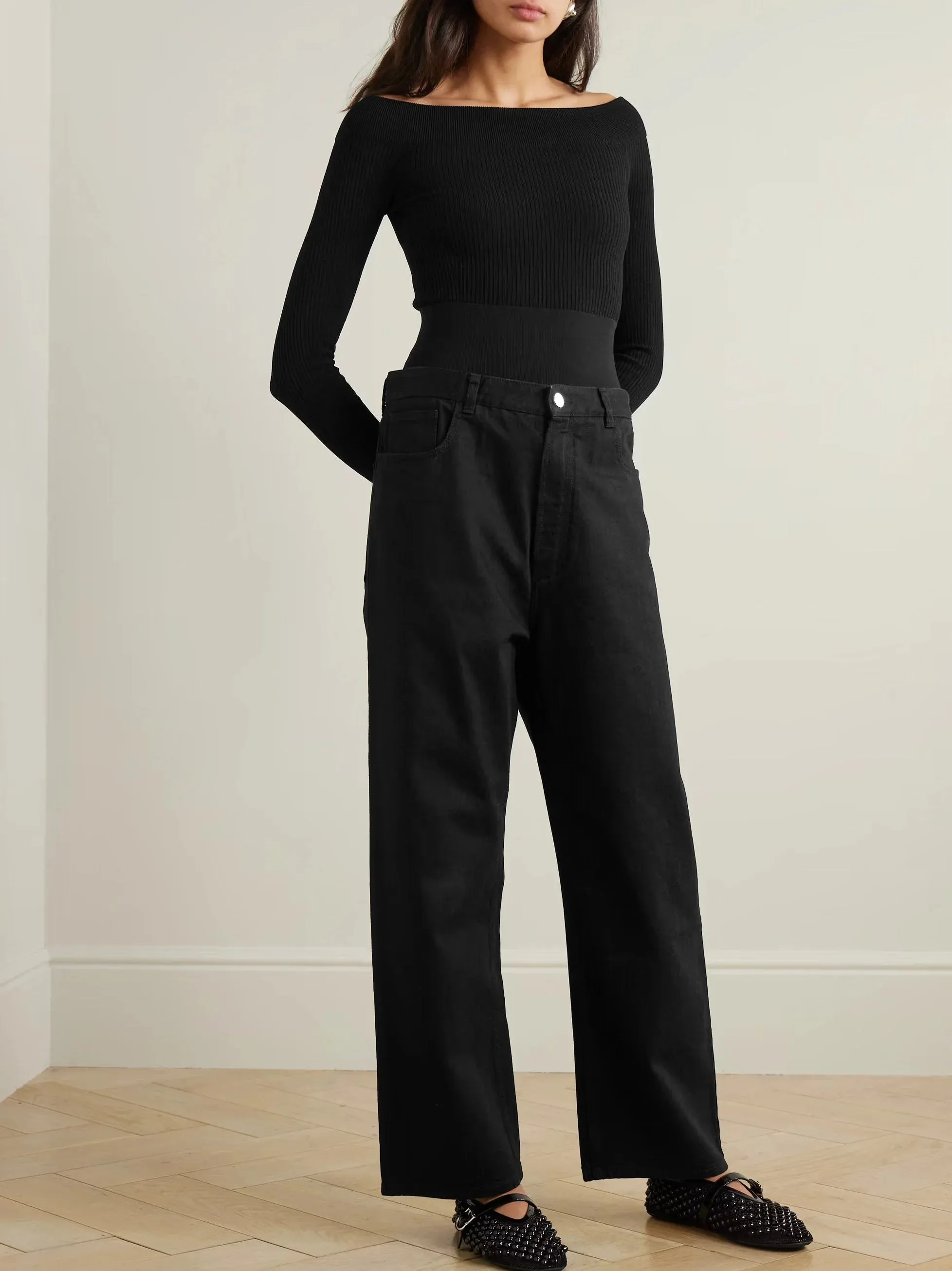 Black Stretch Knit-Trim Jeans