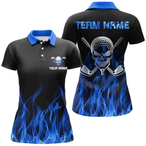 Black Womens Golf Polo Shirt Custom Multicolor Flame Skull Golf Clubs, Personalized Golf Gifts For Women
