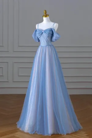 Blue Tulle Long Prom Dress, Off the Shoulder Evening Party Dress with Beaded