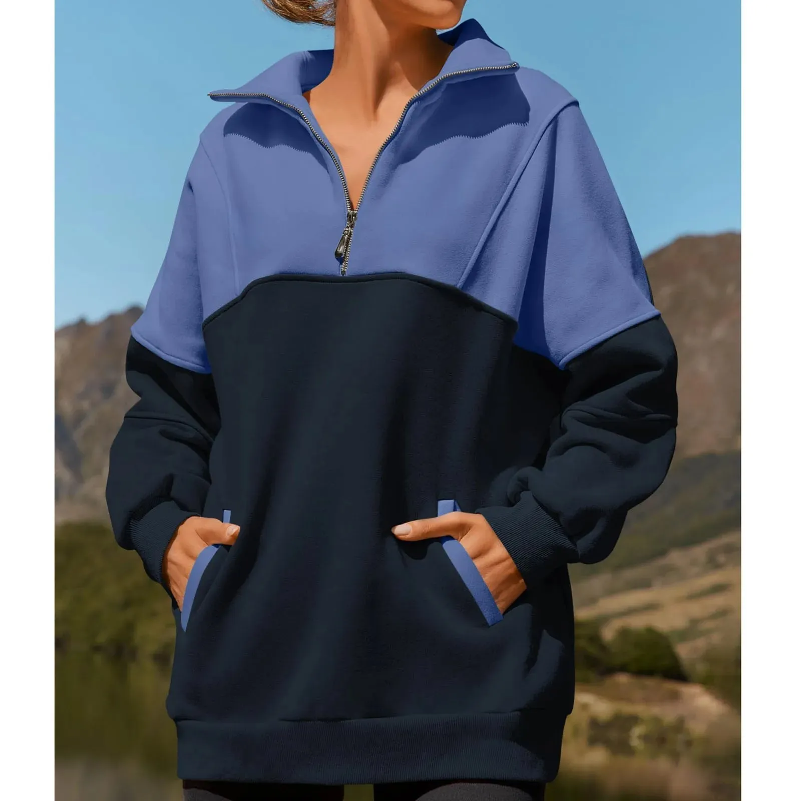 Casual Color Block Half-Zip Pullover