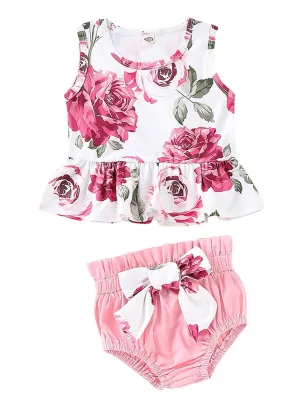 Clothes Outfits Flower Tank Top  Bow Shorts for Baby Girls