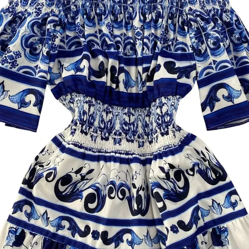 Cold Shoulder Flare Sleeve Printing Dress