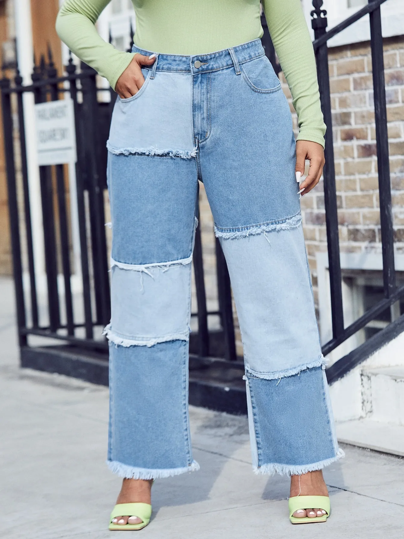 Colorblock Raw Hem High Waist Long Plus Size Jeans