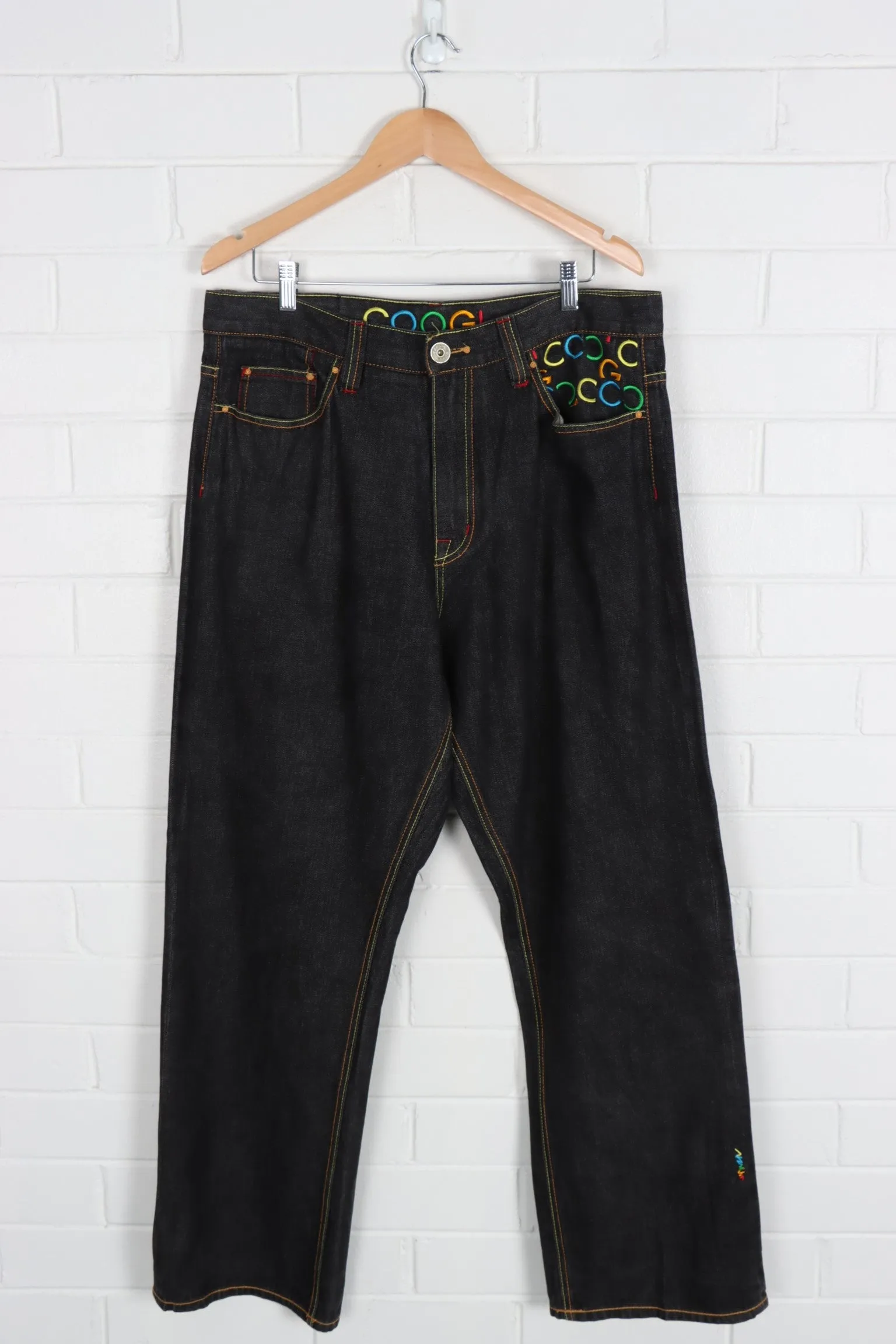 COOGI Embroidered Colourful Pockets Dark Wash Y2K Jeans (38x34)