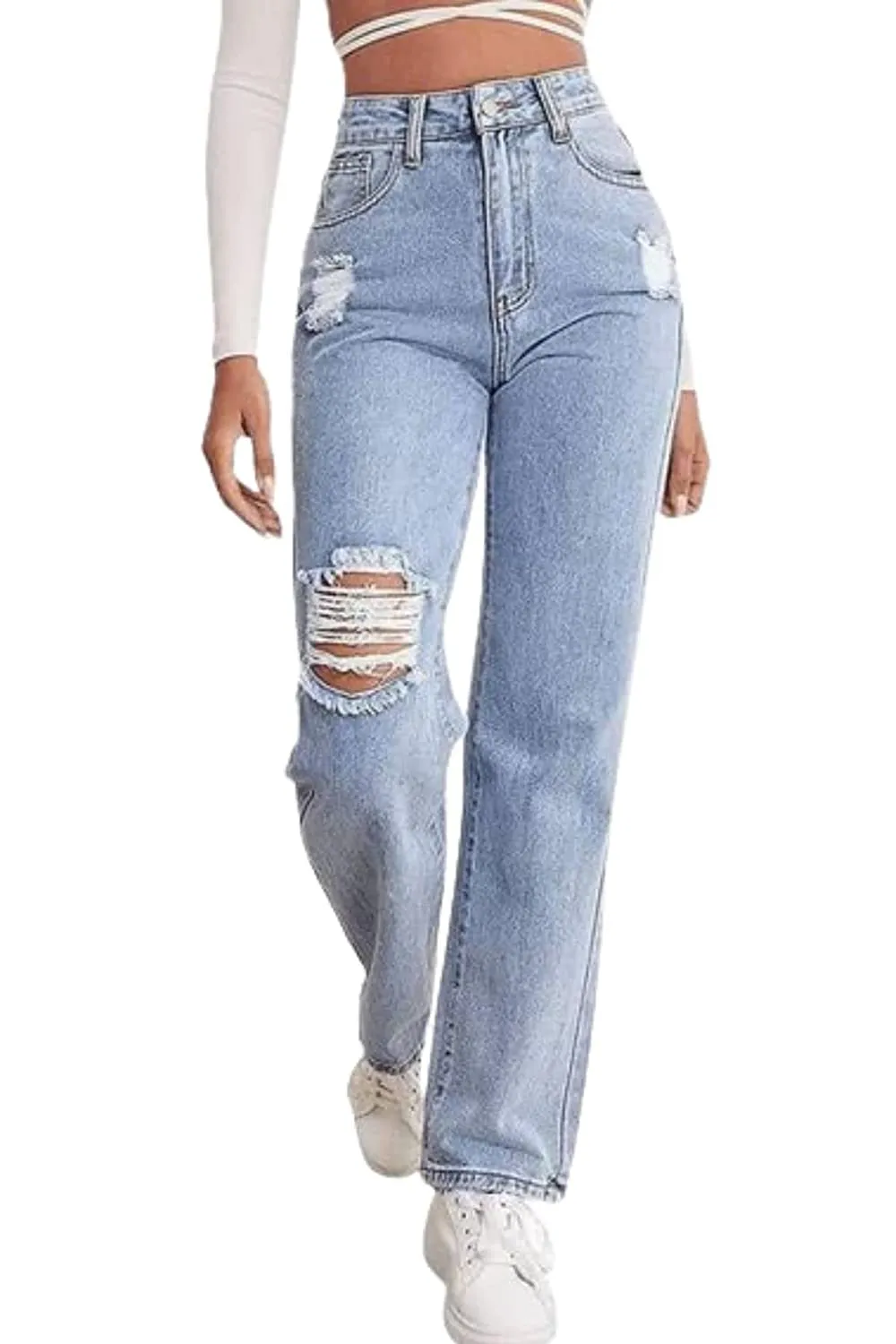Cotton Relaxed Fit Ripped Wide Leg Jeans