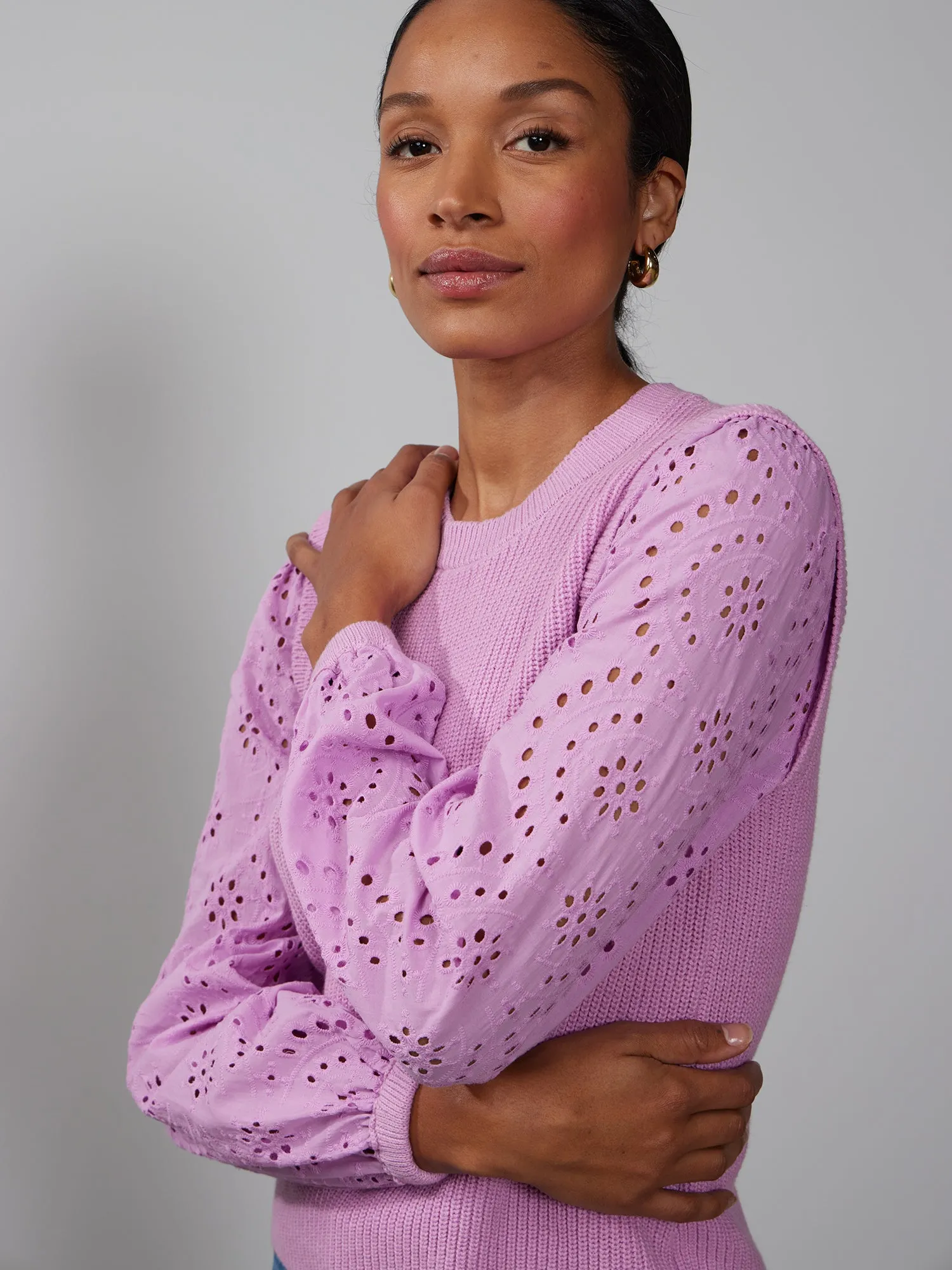 Crew Neck Eyelet Long Sleeve Pullover