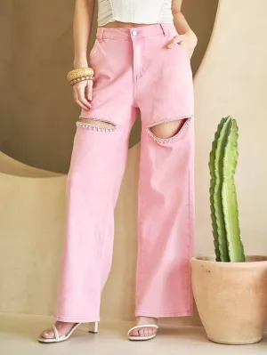 Cut Out Front Rhinestone Washed Denim Jeans Pink