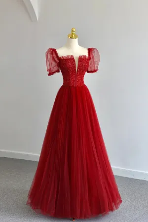 Dark Red Tulle Sequins Long Prom Dress, A-Line Short Sleeve Evening Party Dress