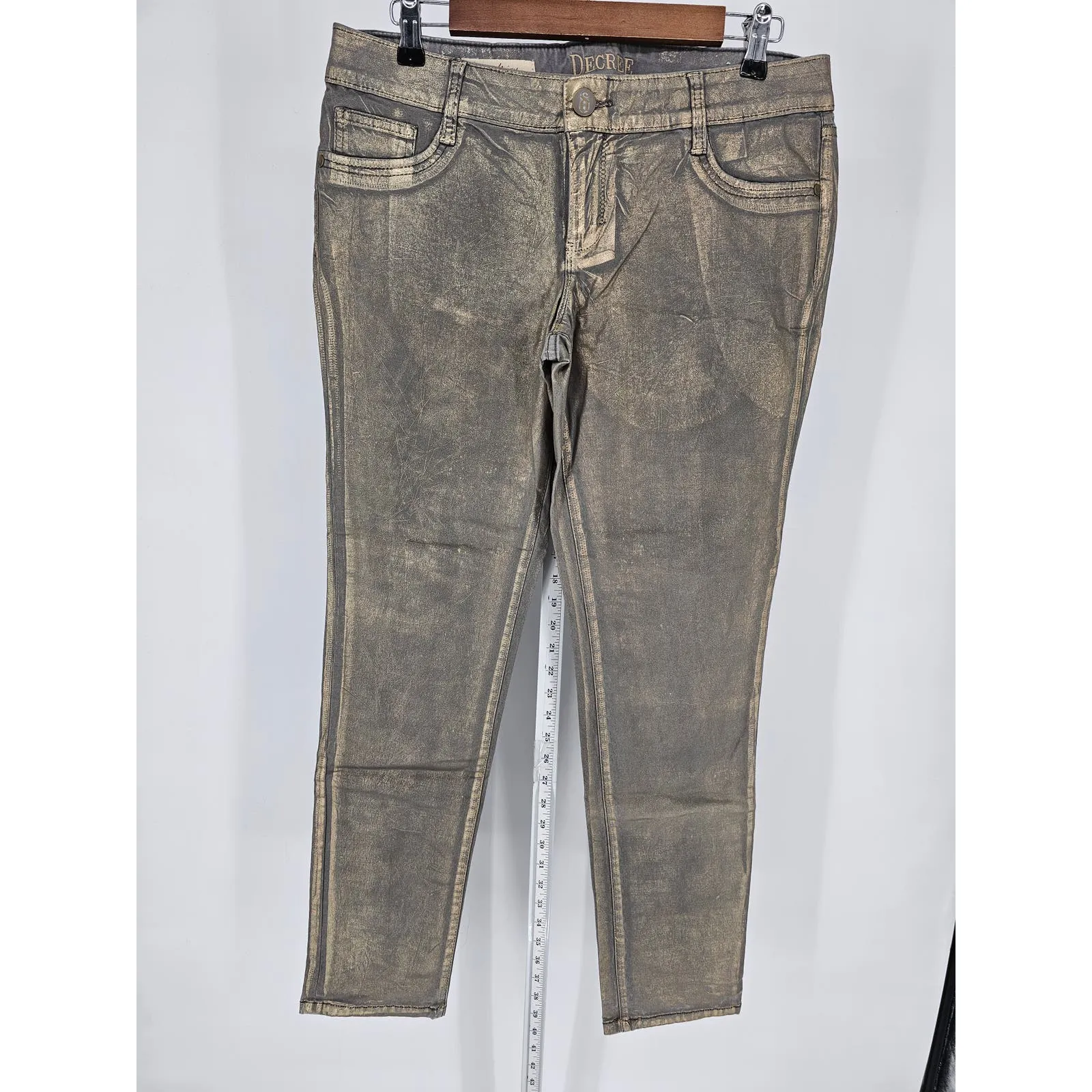 Decree Juniors Sz 13 Super Skinny Jeans Metallic Gold Gray Print Grunge