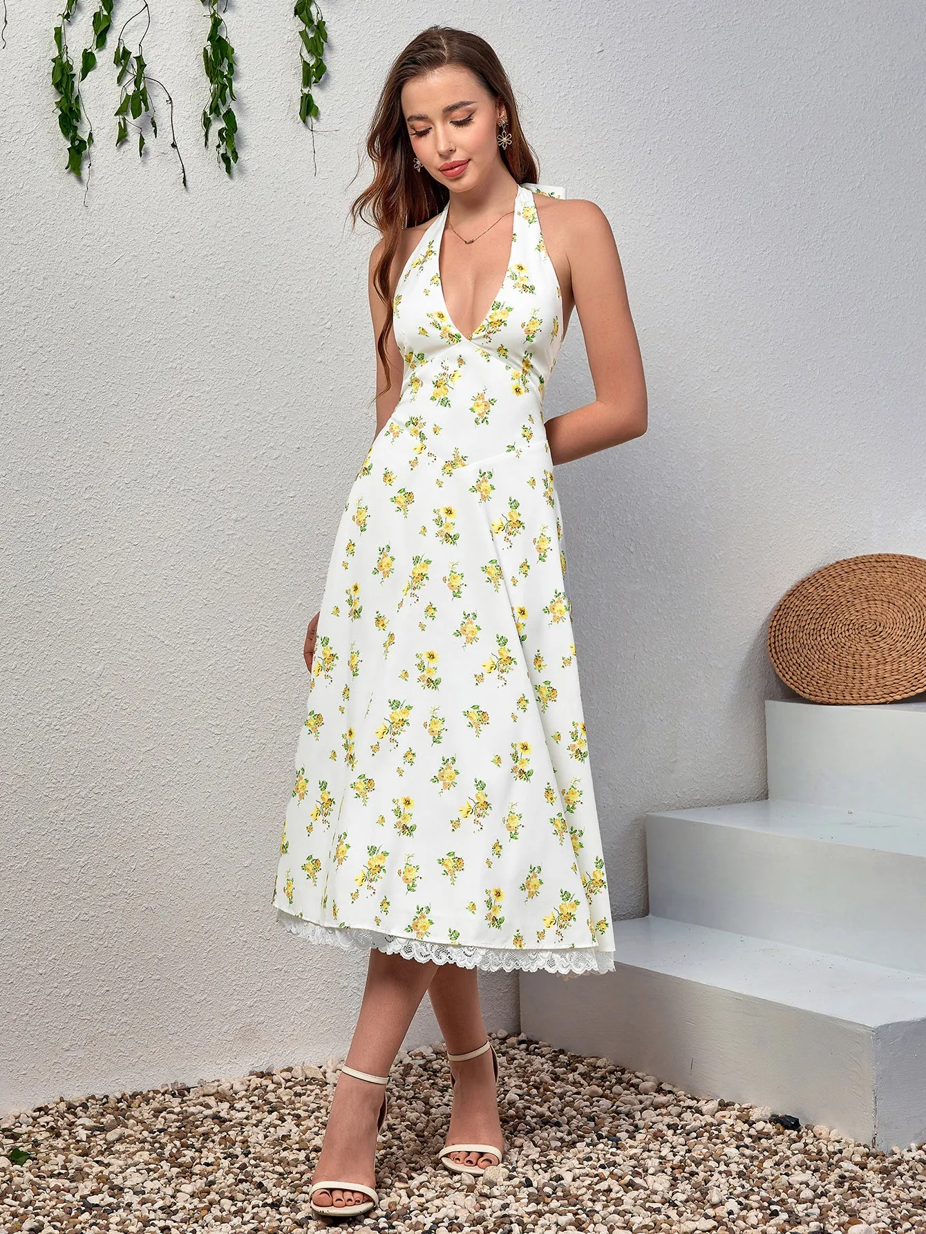 Deep V-Neck Halter Lace Spliced Floral Dress