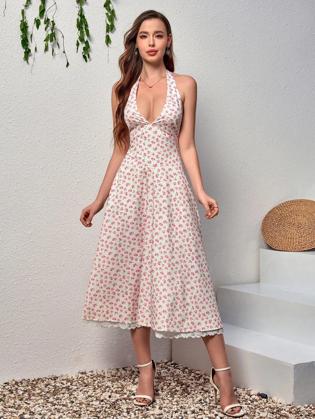 Deep V-Neck Halter Lace Spliced Floral Dress