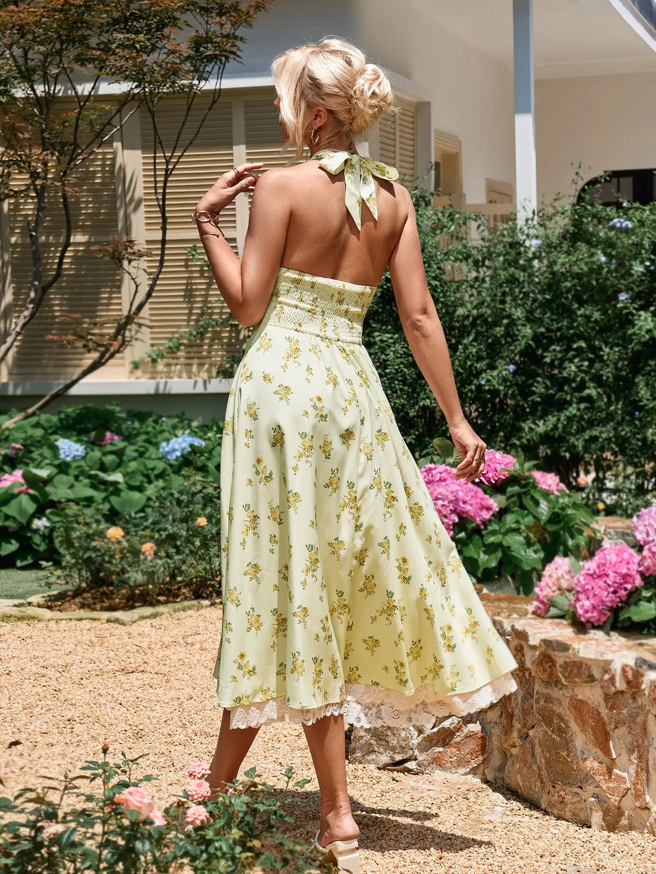 Deep V-Neck Halter Lace Spliced Floral Dress