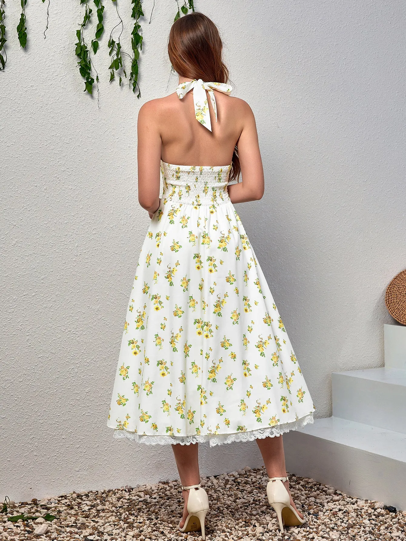 Deep V-Neck Halter Lace Spliced Floral Dress