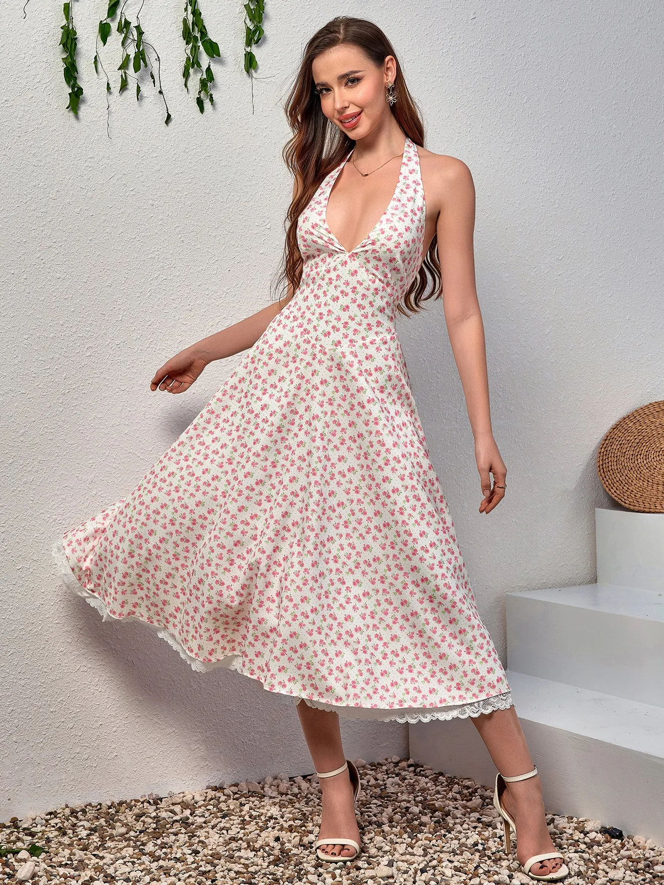 Deep V-Neck Halter Lace Spliced Floral Dress