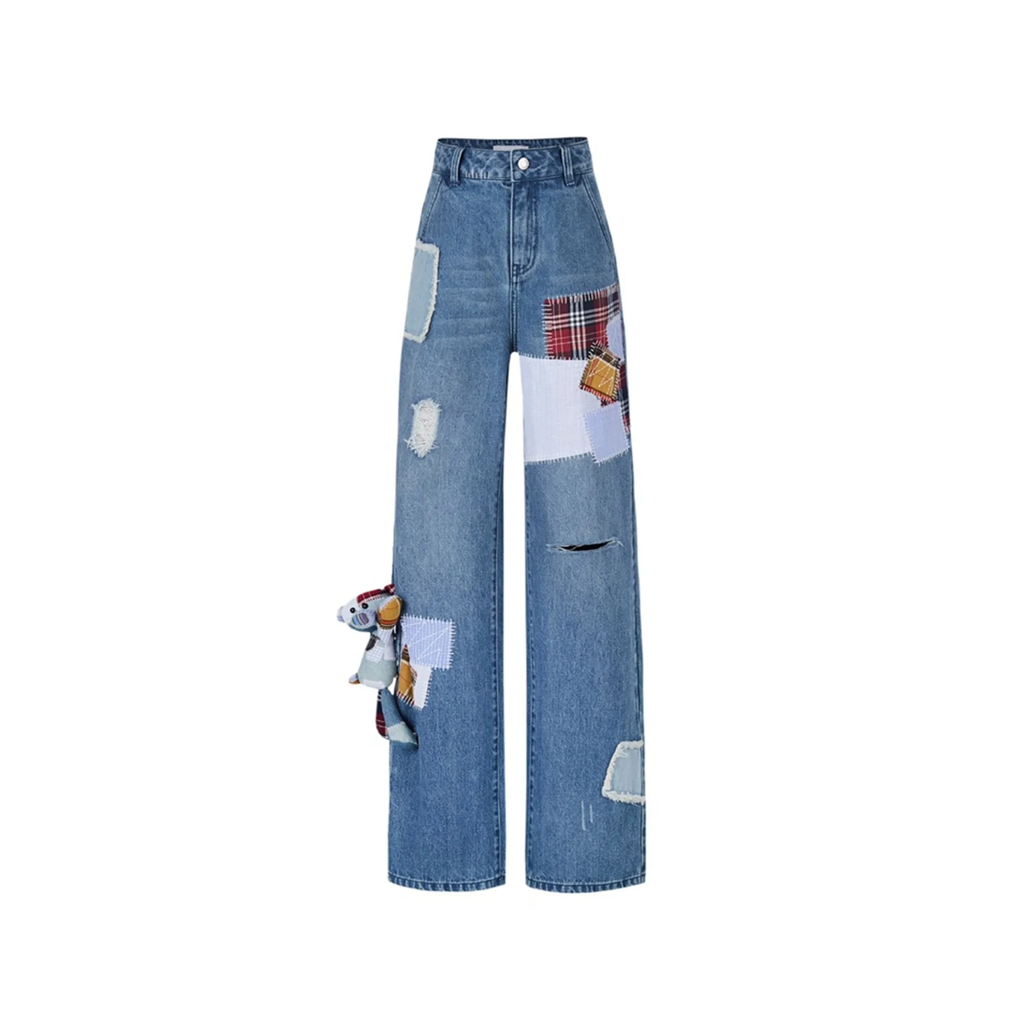 Denim Bear Plaid Patch Jeans in Blue