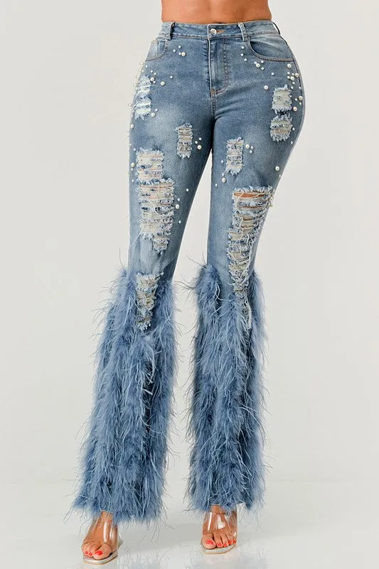 Distressed Pearl Embellished Feather Black Detail Jeans