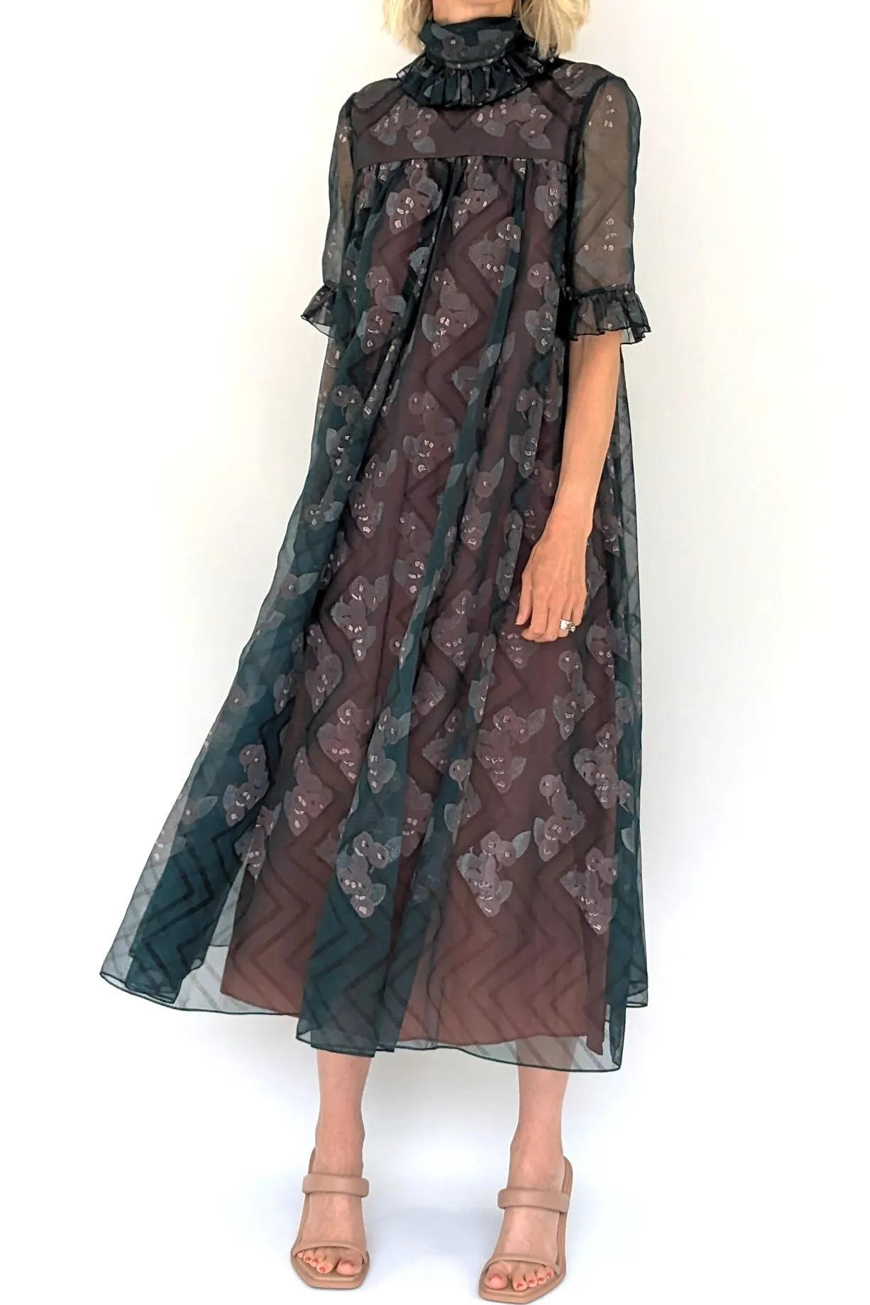 Early 1970s Jean Varon Vintage High Neck Prairie Smock Dress