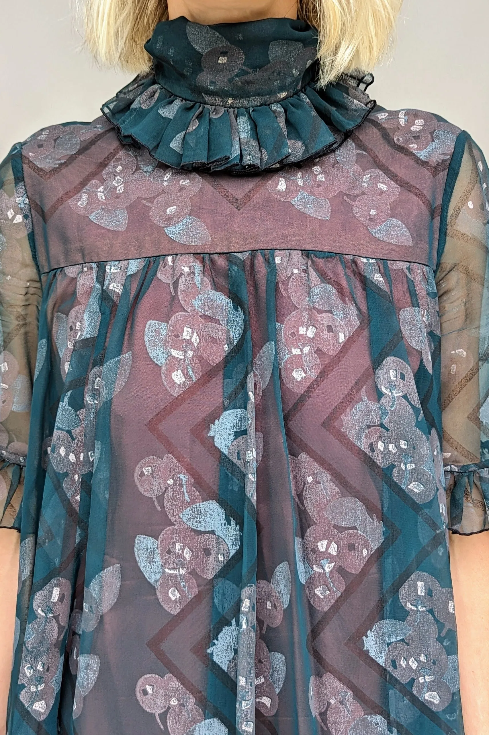 Early 1970s Jean Varon Vintage High Neck Prairie Smock Dress