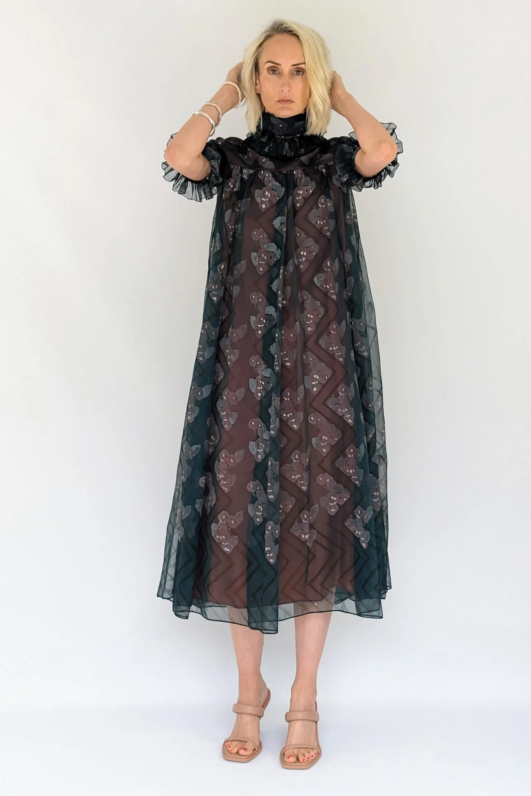 Early 1970s Jean Varon Vintage High Neck Prairie Smock Dress