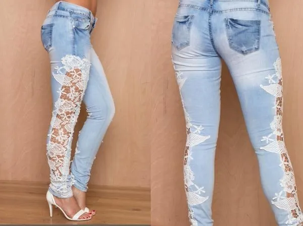 Elastic Lace Patchwork Slim Sheath Sexy Jeans