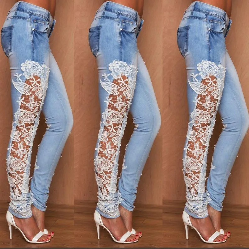 Elastic Lace Patchwork Slim Sheath Sexy Jeans