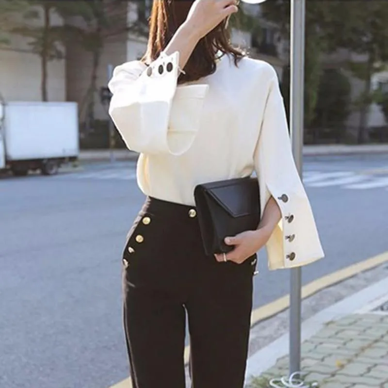 Flare Sleeve Split O Neck With Necklace White Pullover Blouse