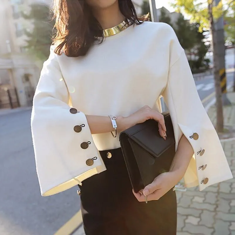 Flare Sleeve Split O Neck With Necklace White Pullover Blouse