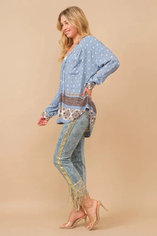 Garment Washed Side Sequin Tape Fringe Denim Jeans Med Wash