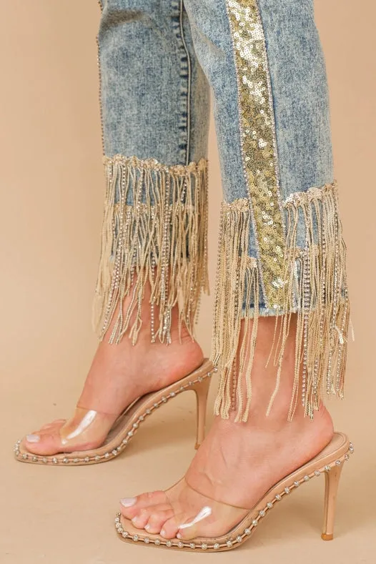Garment Washed Side Sequin Tape Fringe Denim Jeans Med Wash