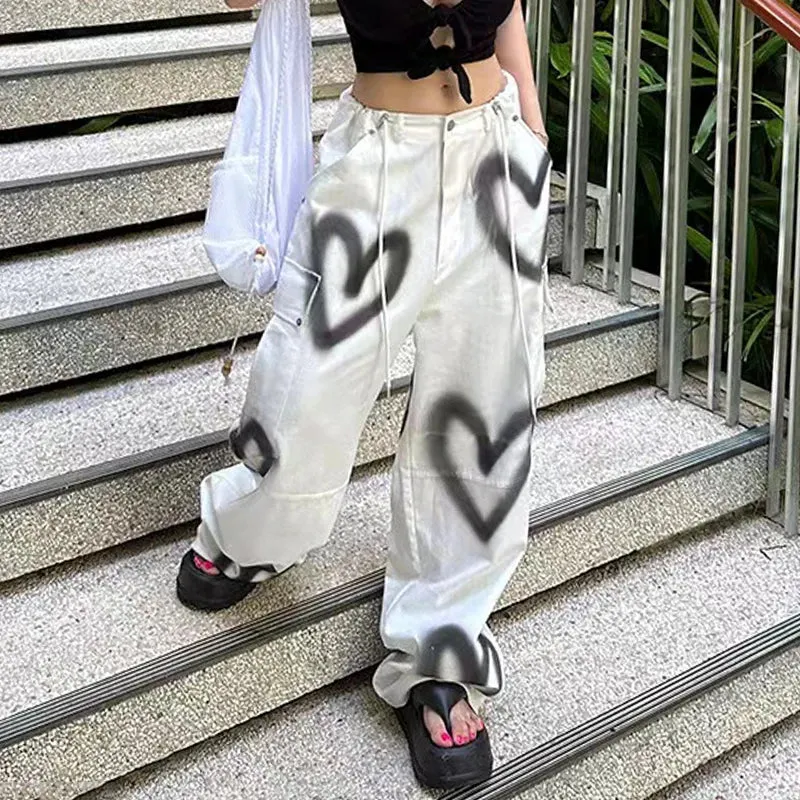 Girlary Fashion Personalized Work Jeans Women Autumn Contrast Heart Graffiti Long Denim Pants Drawstring Lace Up Wide Leg Pants