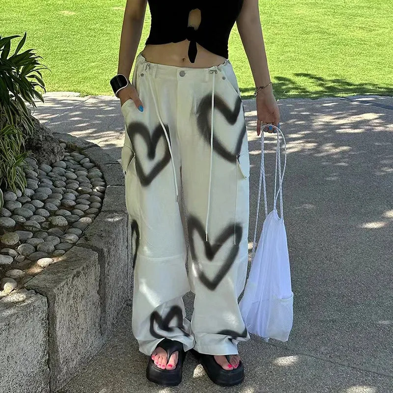 Girlary Fashion Personalized Work Jeans Women Autumn Contrast Heart Graffiti Long Denim Pants Drawstring Lace Up Wide Leg Pants