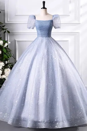 Gray Blue Tulle Sequins Floor Length Prom Dress, A-Line Short Sleeve Evening Party Dress