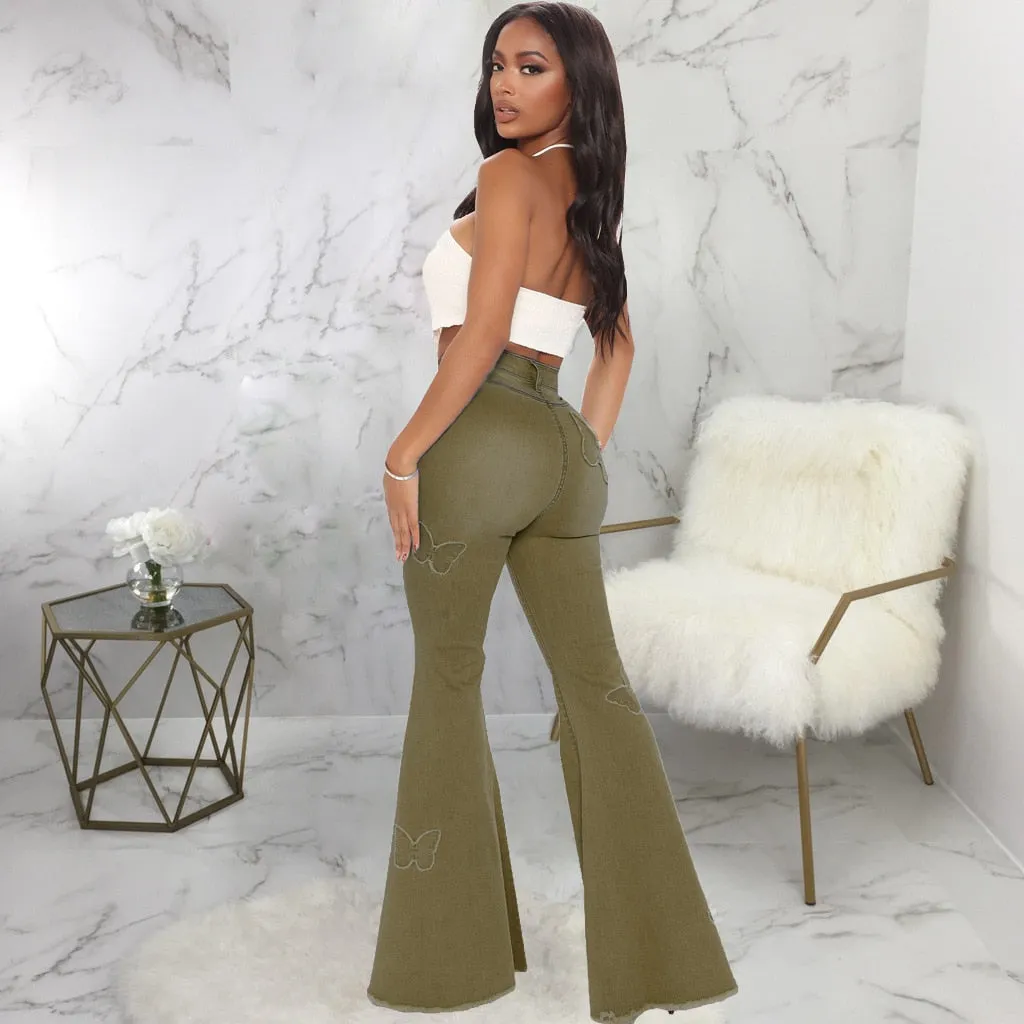 Gray Flared Jeans Women's High Waist Butterfly Print Denim Trousers Streetwear Flared Pants Lady Blue Jeans Denim Wide Leg Pants