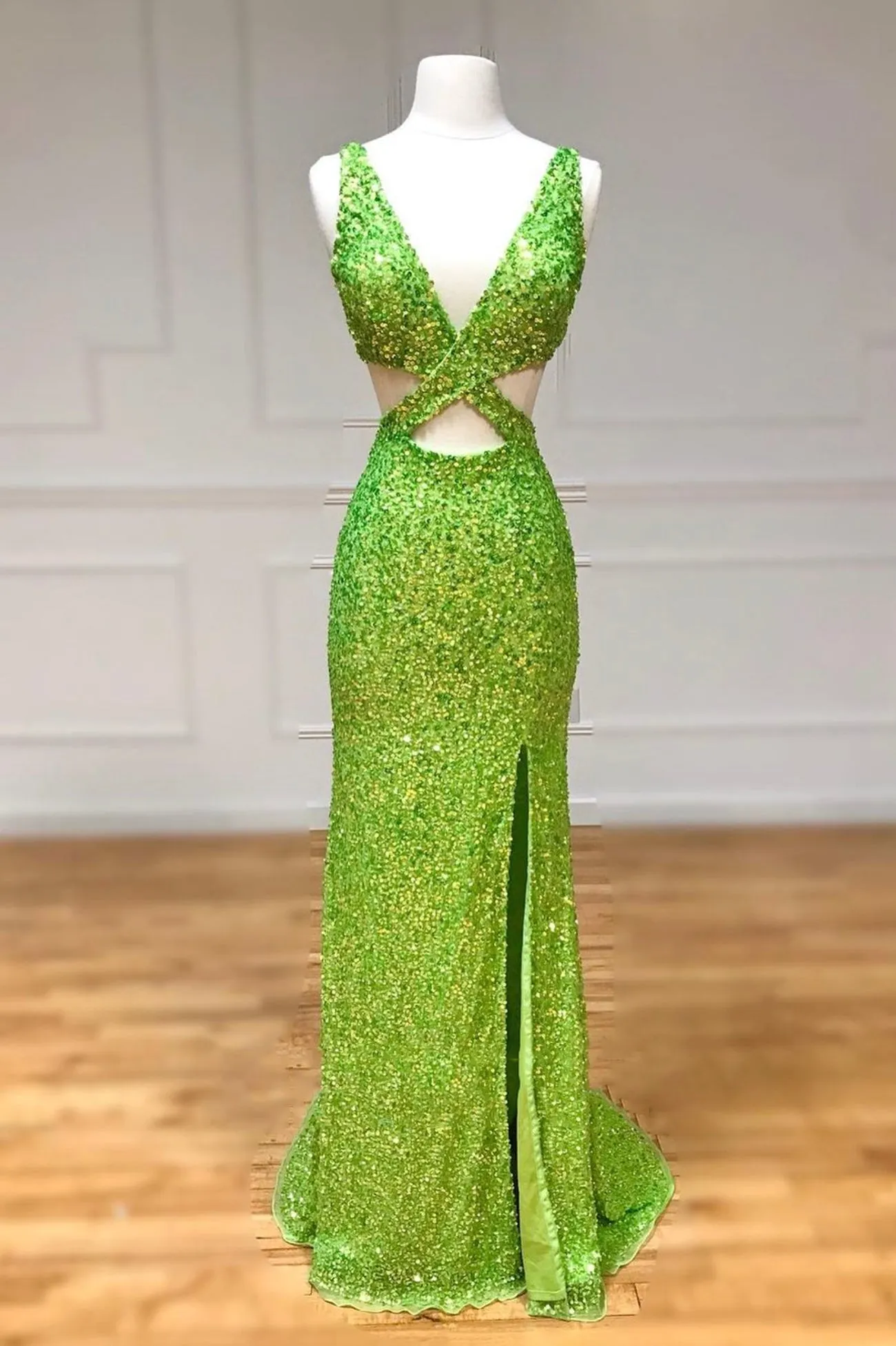 Green Sequins Long Prom Dress, Mermaid Backless Evening Dress with Slit