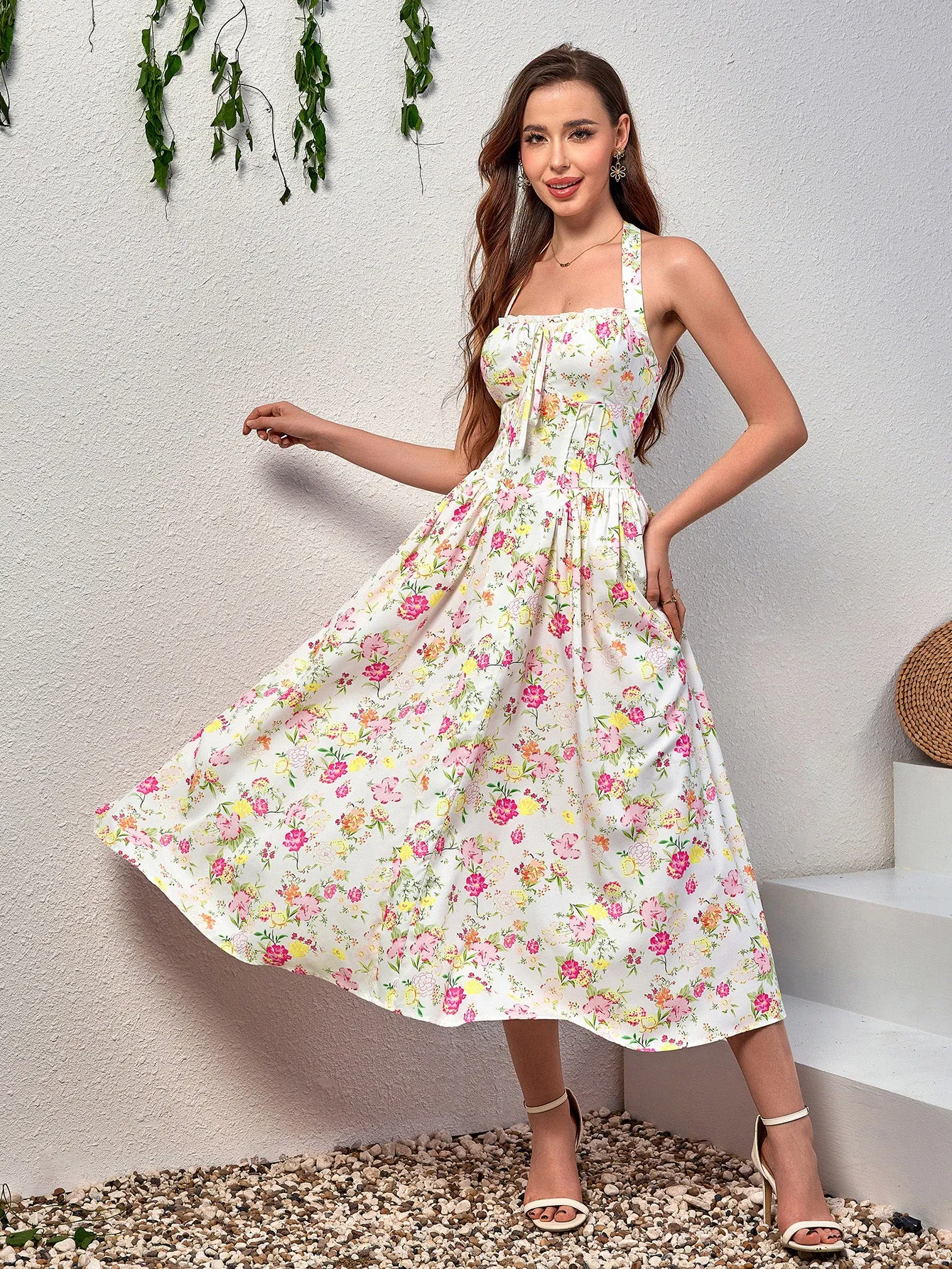 Halter Tie Smocking Floral Print Bodycon Dress