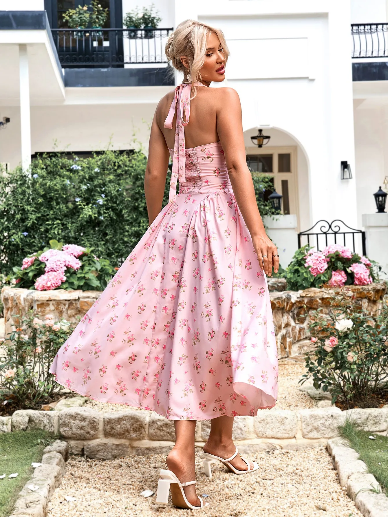 Halter Tie Smocking Floral Print Bodycon Dress