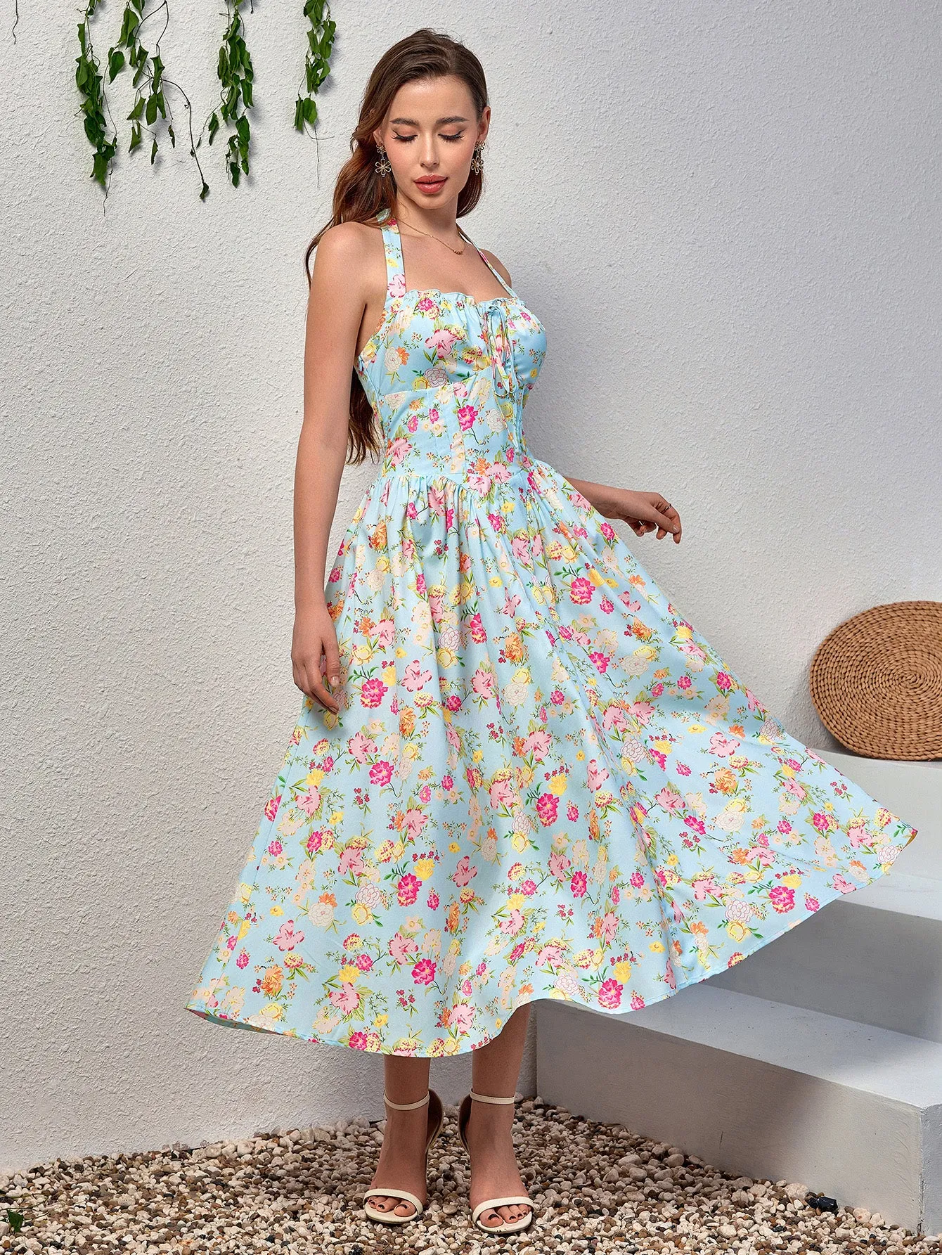 Halter Tie Smocking Floral Print Bodycon Dress