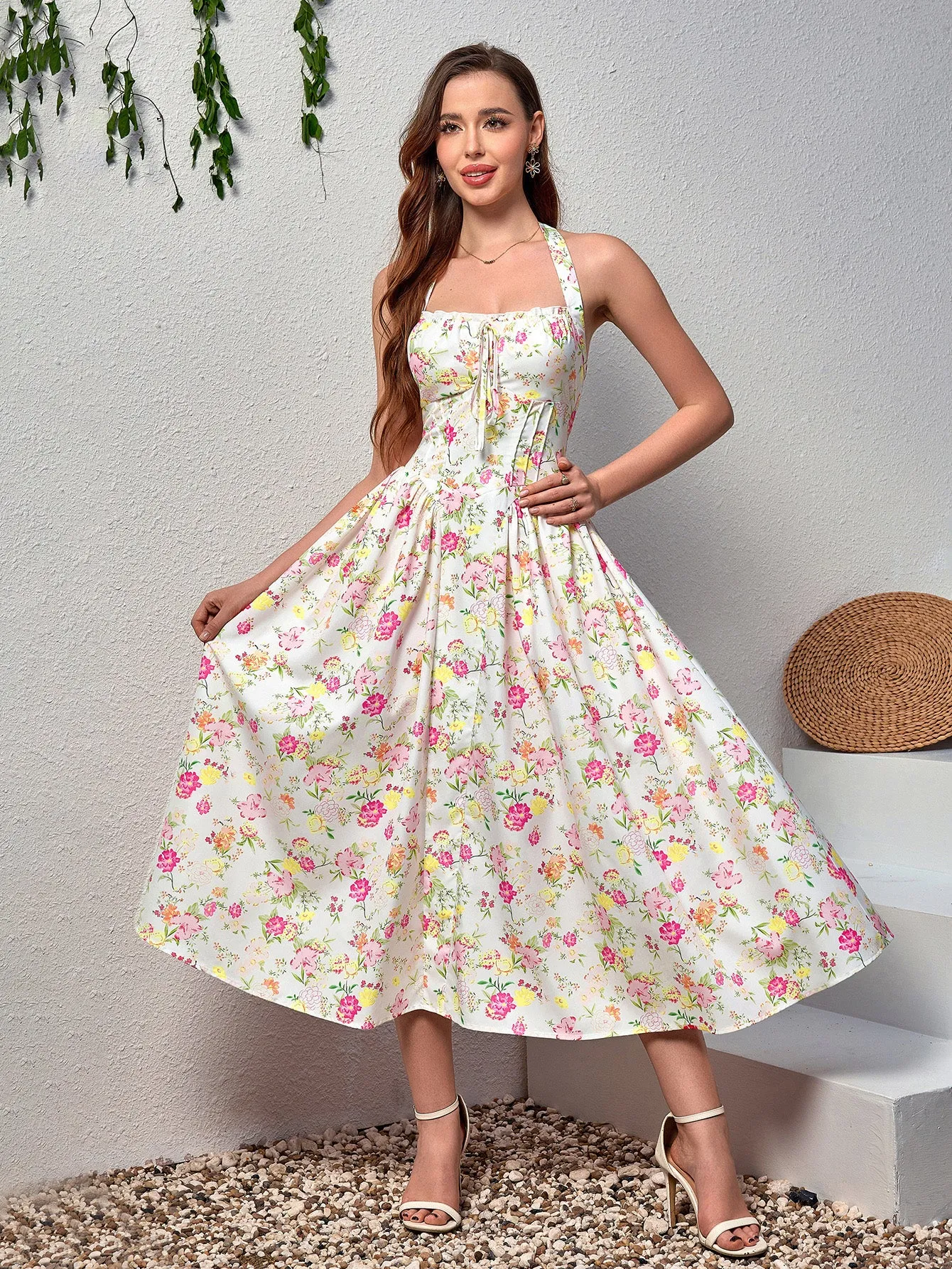 Halter Tie Smocking Floral Print Bodycon Dress