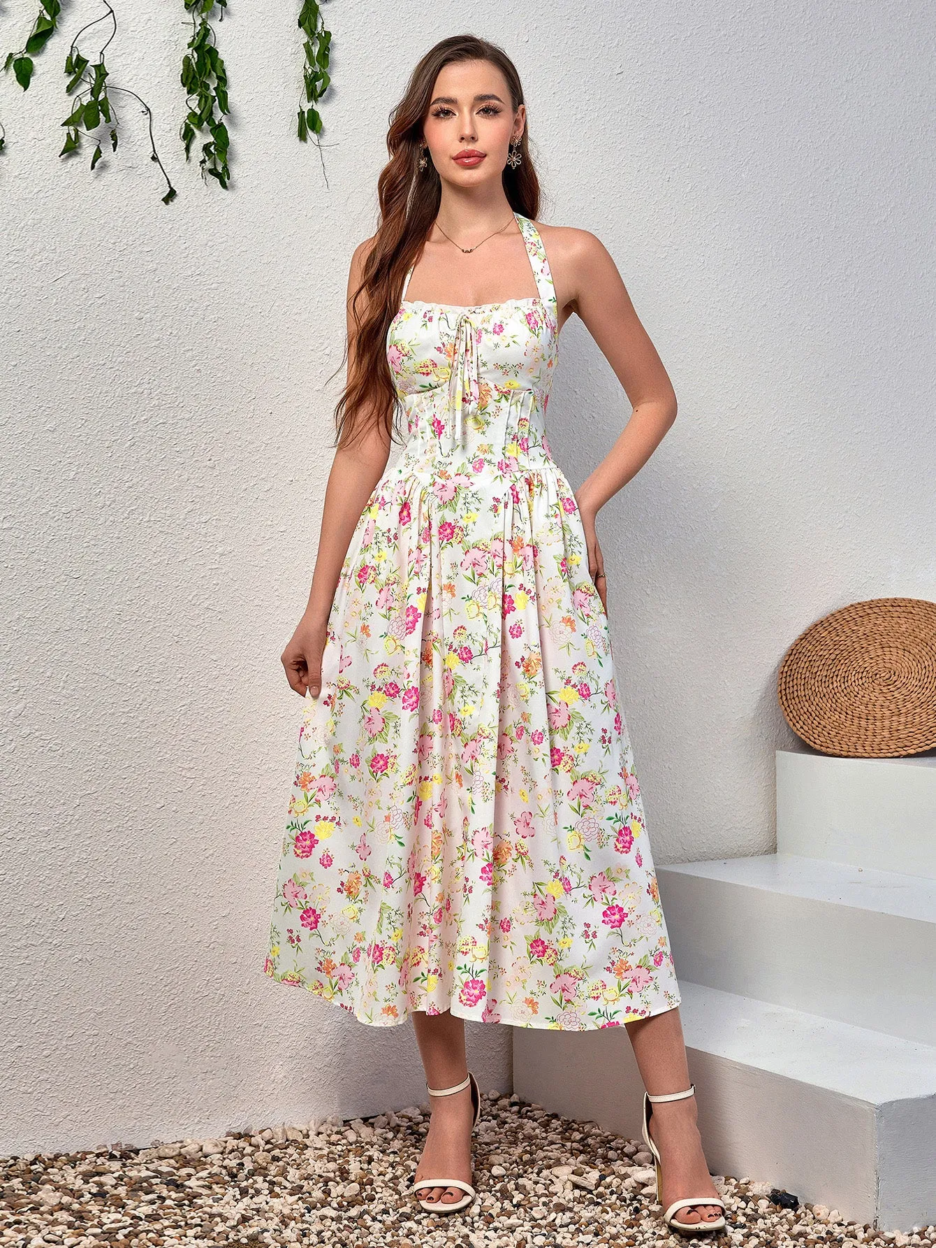 Halter Tie Smocking Floral Print Bodycon Dress