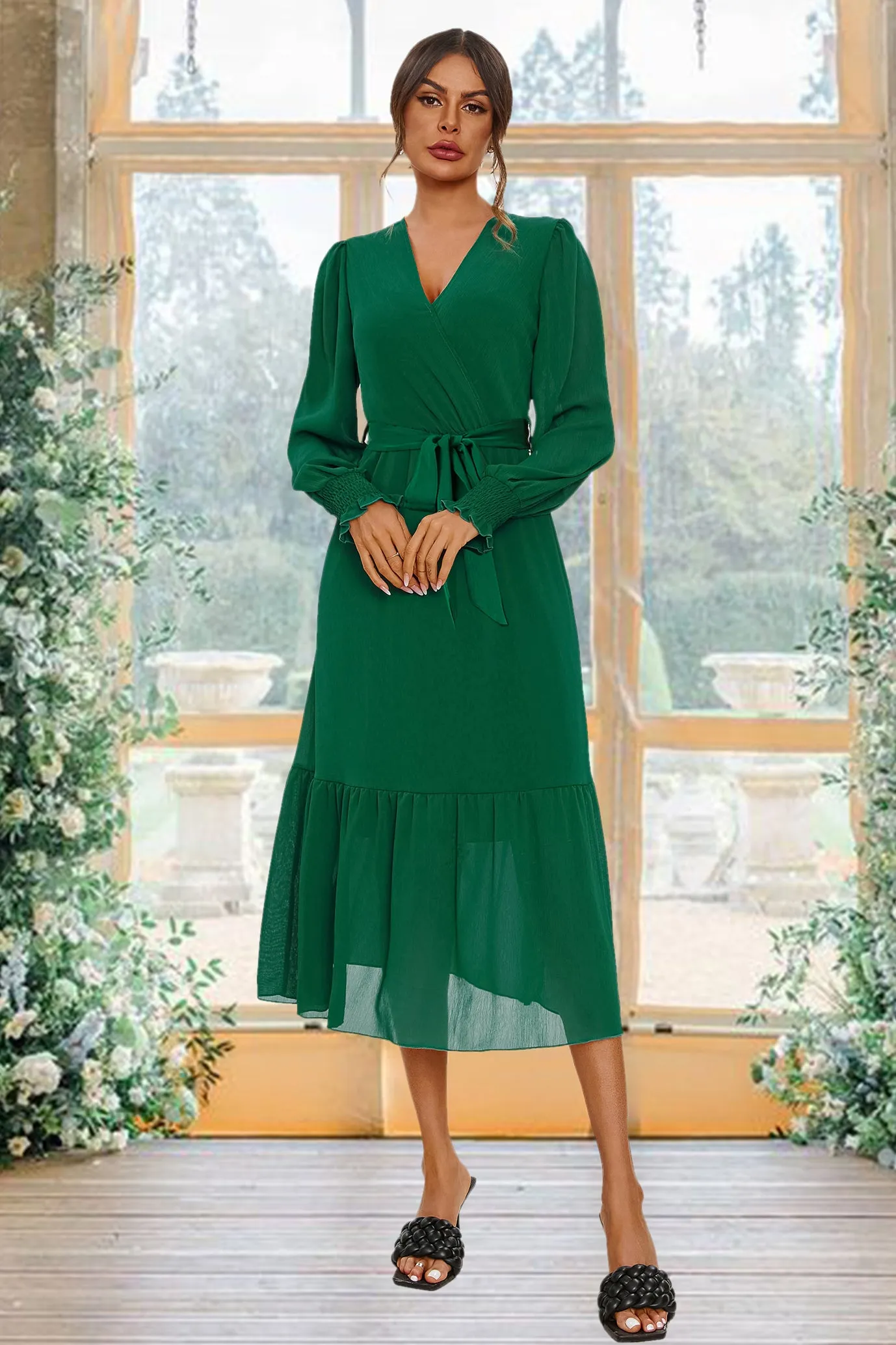 Hem Tiered Wrap Style Midi Dress In Green