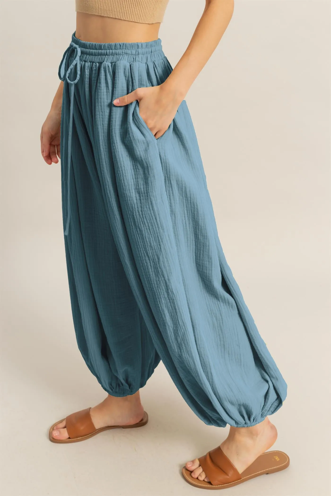 HF25C462-Double Gauze High-Waist Baggy Pants