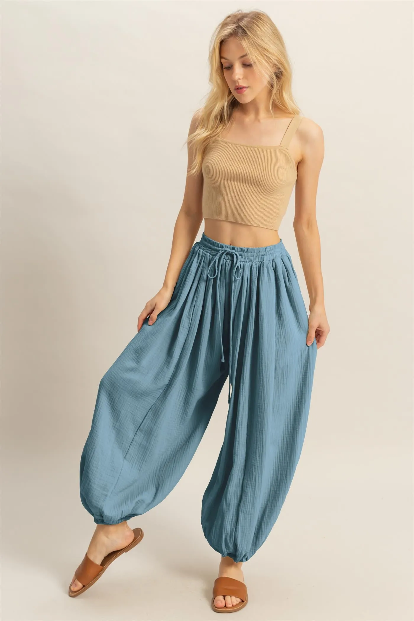 HF25C462-Double Gauze High-Waist Baggy Pants