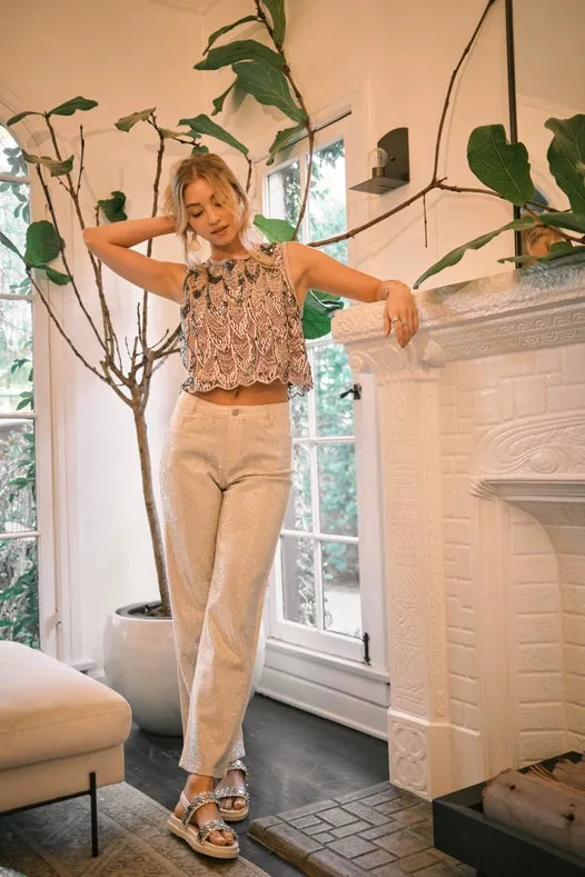 High Rise Rhinestone Suds At Front Denim Jeans Ivory